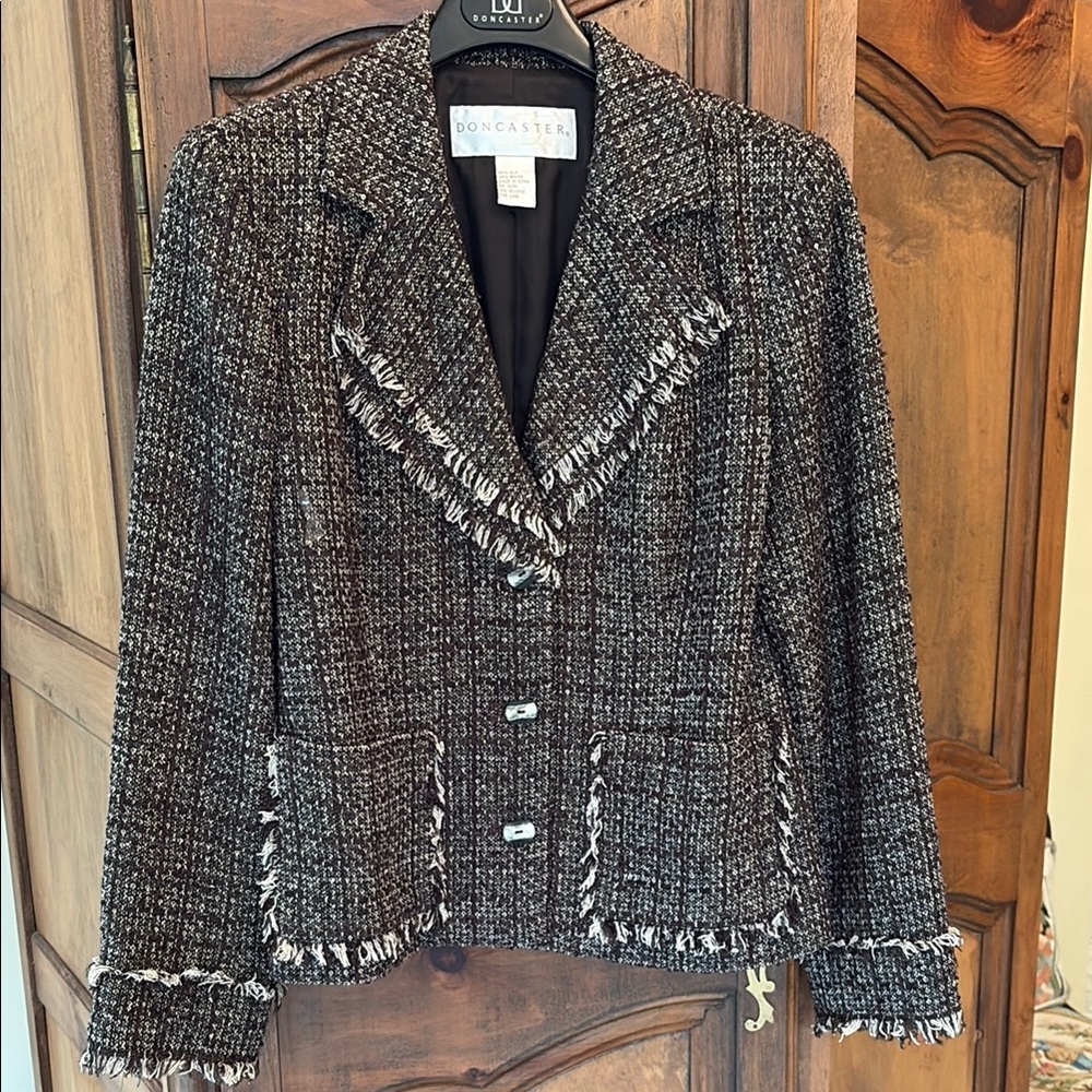 Doncaster Brown and White Tweed Blazer with Fringe Trim